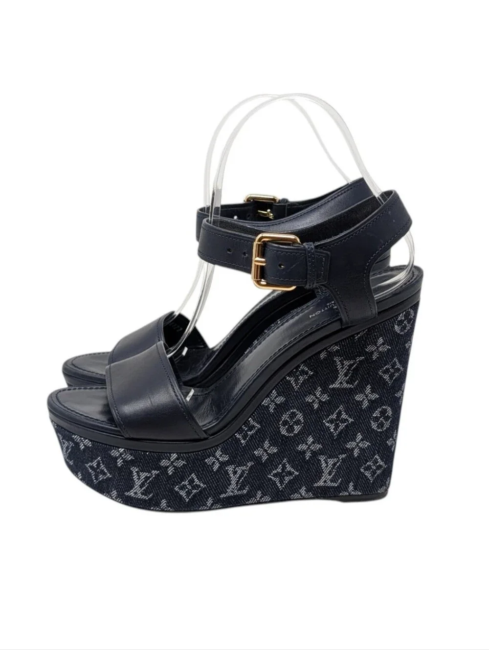 Louis Vuitton Blue Denim Monogram Leather Wedges Size EU 37.5